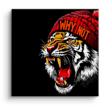 Brüllender Tiger mit Strickmütze - Leinwandbild