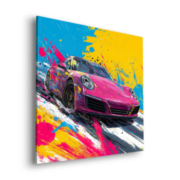 Porsche 911 colorée en plein sprint - tableau Dibond mat