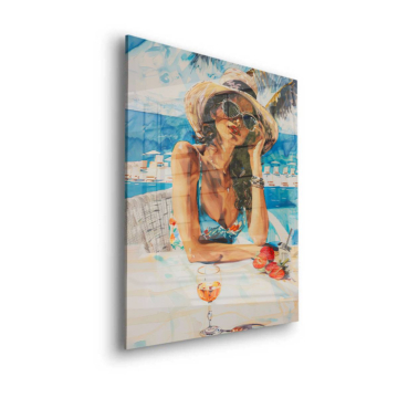 Mujer glamur en playa tropical - cuadro en vidrio acrílico