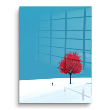 Árbol rojo en soledad invernal - cuadro PVC brillante