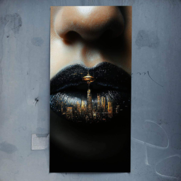 Labios negros con horizonte urbano - póster