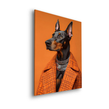 Dobermann im orangefarbenen Anzug - Dibond-Bild matt