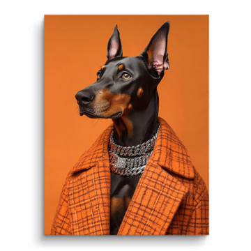 Dobermann im orangefarbenen Anzug - PVC-Bild matt
