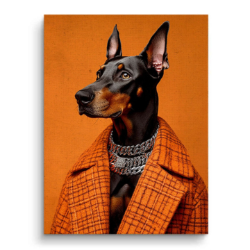 Dobermann im orangefarbenen Anzug - Leinwandbild