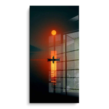 Bateau et reflet sous une lune orange - tableau PVC brillant