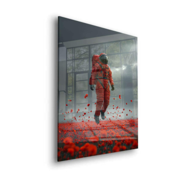 Rouge astronaute fleur champ - tableau en verre acrylique