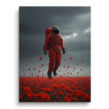 Czerwony astronauta na kwiatowym polu - obraz na płótnie