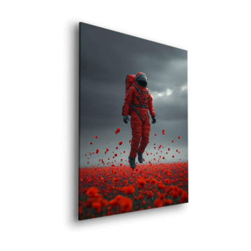Roter Astronaut im Blumenfeld - Dibond-Bild matt
