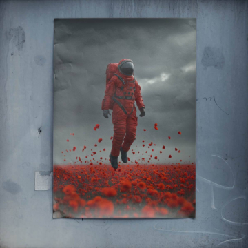 Roter Astronaut im Blumenfeld - Poster