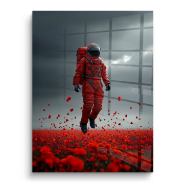 Roter Astronaut im Blumenfeld - PVC-Bild glänzend