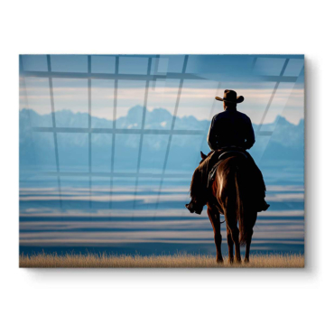 Jinete vaquero con vista de montaña - cuadro PVC brillante