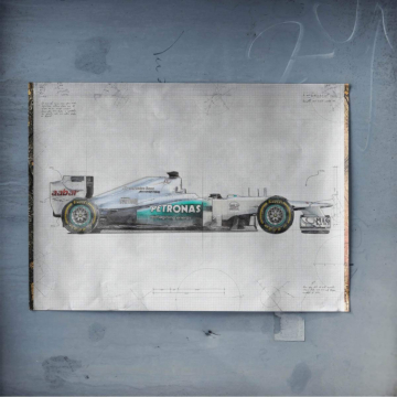 Boczny szkic techniczny inspirowany Mercedesem F1 - plakat