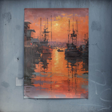 Sunset Harbor Boats Poster Art