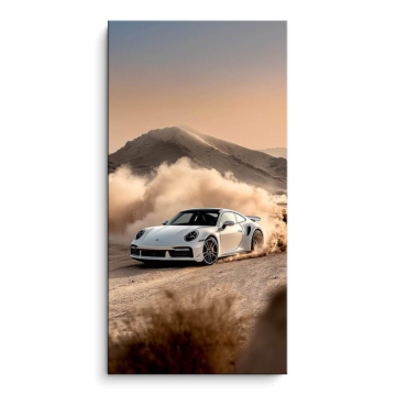 Porsche dans la poussière du désert - tableau PVC mat