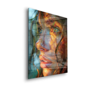 Retrato de mujer con luz dorada - cuadro en vidrio acrílico