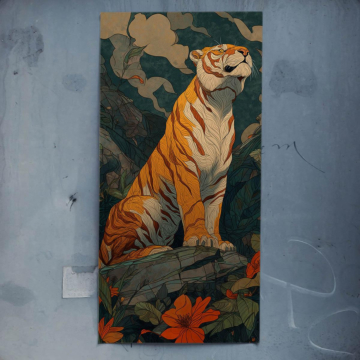 Tygrys w ogrodzie w stylu vintage - plakat