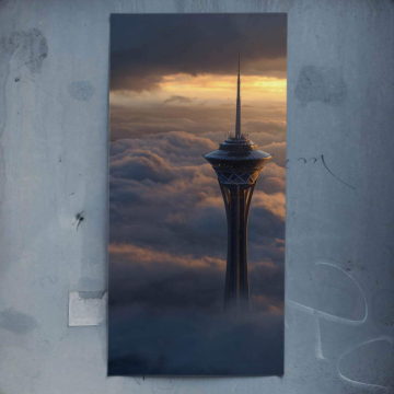 Torres entre nubes en horizonte urbano - póster