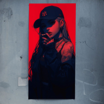 Frau im Streetwear-Look mit rotem Schatten - Poster