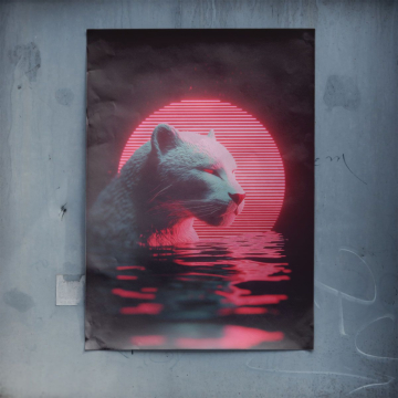 Neonowy biały miś zachód słońca - plakat