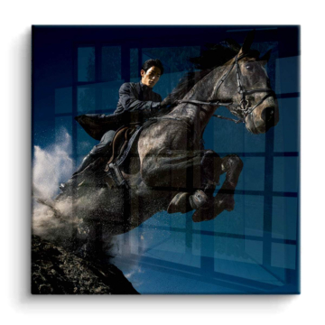 Schwarzes Pferd beim Sprung - PVC-Bild glänzend