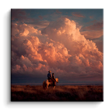 Reiter unter Sonnenuntergang Wolken - PVC-Bild matt