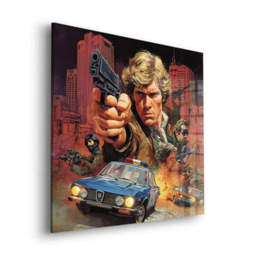 Héroe de acción retro con pistola - cuadro en vidrio acrílico
