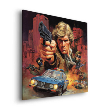 Héros d’action rétro au pistolet - tableau Dibond mat