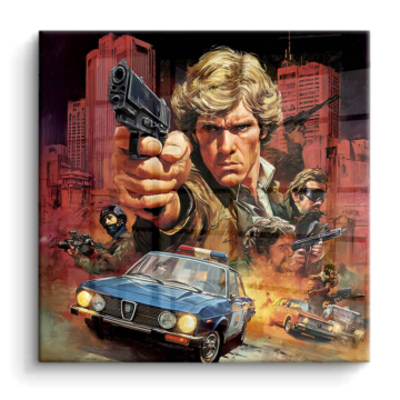 Héroe de acción retro con pistola - cuadro PVC brillante