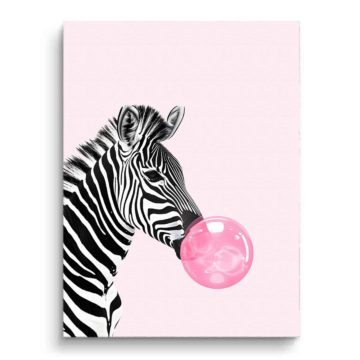 Różowa zebra z gumą balonową - obraz na płótnie