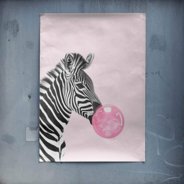 Różowa zebra z gumą balonową - plakat