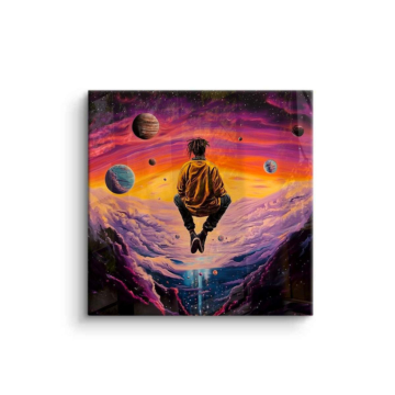 Homme flottant aux planètes cosmiques - tableau en verre acrylique