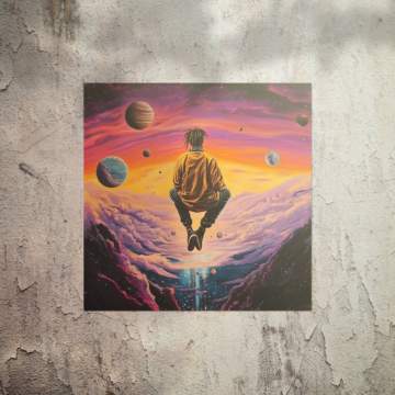 Homme flottant aux planètes cosmiques - poster