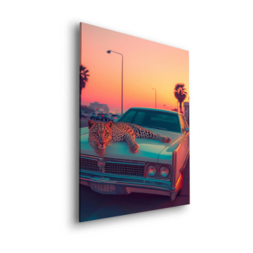Lowrider con leopardo al atardecer - cuadro Dibond mate