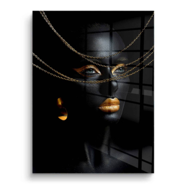 Retrato de mujer enmascarada en negro y dorado - cuadro PVC brillante