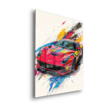 Supersportwagen mit Farbspritzern inspiriert von Ferrari - Acrylglasbild