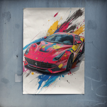 Supersamochód w rozbryzgu kolorów inspirowany Ferrari - plakat