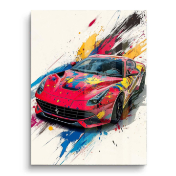 Supersamochód w rozbryzgu kolorów inspirowany Ferrari - obraz na PVC z połyskiem