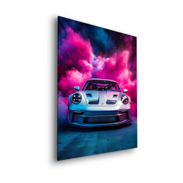 Porsche in pinkem Rauch - Dibond-Bild matt