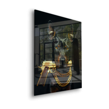 Dobermann mit goldener Pistole - Acrylglasbild