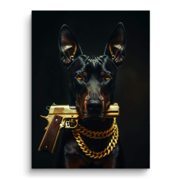 Dobermann mit goldener Pistole - PVC-Bild matt