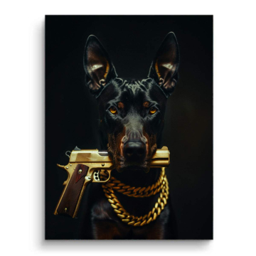 Dobermann mit goldener Pistole - Leinwandbild