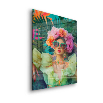 Mujer de moda tropical con motivos florales - cuadro en vidrio acrílico