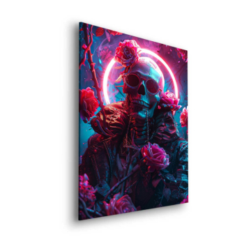 Neon-Totenkopf mit Rosen - Dibond-Bild matt