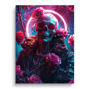 Neon-Totenkopf mit Rosen - PVC-Bild matt