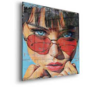 Retrato de moda con gafas rojas - cuadro en vidrio acrílico