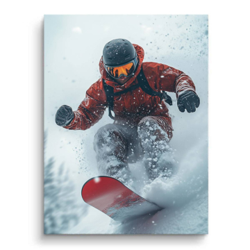 Snowboardowa akcja w śnieżnym puchu - obraz na matowym PVC