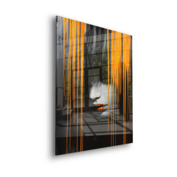 Portrait noir et orange à coulures - tableau en verre acrylique