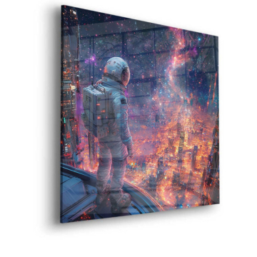 Astronaute over burning ville - tableau en verre acrylique