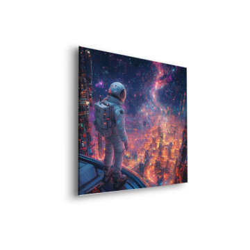 Astronaute over burning ville - tableau Dibond mat