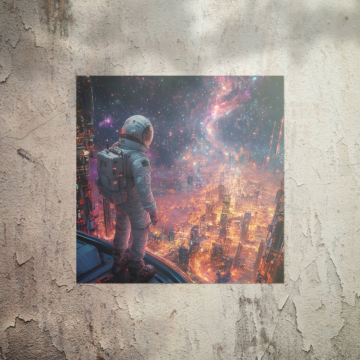 Astronaute over burning ville - poster